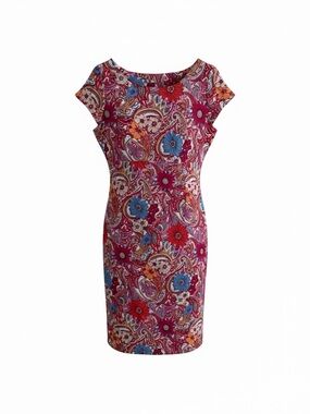 Talbots Pink Paisley & Floral Tie-Waist Midi Dress with Blue and Orange Accents